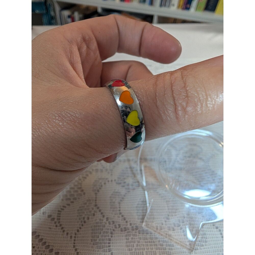 Silver Stainless Steel Rainbow Heart Ring Size 11 Cute Everyday Band - Picture 2 of 8
